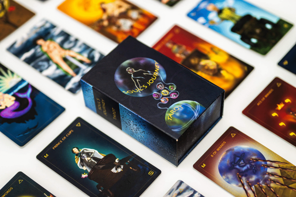 "Close-up of Soul's Journey Tarot card box and several tarot cards spread across a table, including the Prince of Cups card, showcasing the vibrant and mystical artwork."