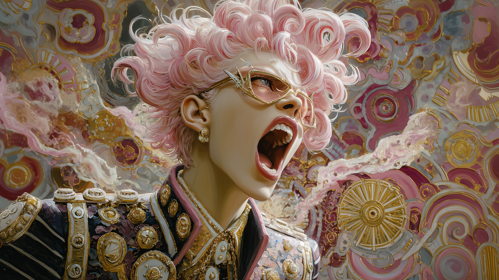 Close-up of a person with vibrant pink curly hair and fashionable sunglasses, dramatically yelling while wearing a luxurious, gold-accented military-style jacket, set against an abstract, colorful background of swirling pink, gold, and cream tones.