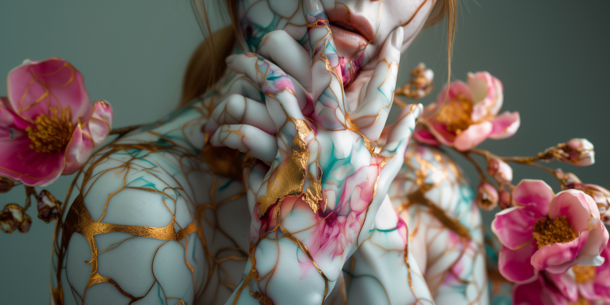 Close-up of a delicate sculpture with intricate, colorful floral designs and gold leaf veins adorning the hands, face, and shoulders, creating a surreal and artistic appearance, with soft pink flowers intertwined in the artwork.