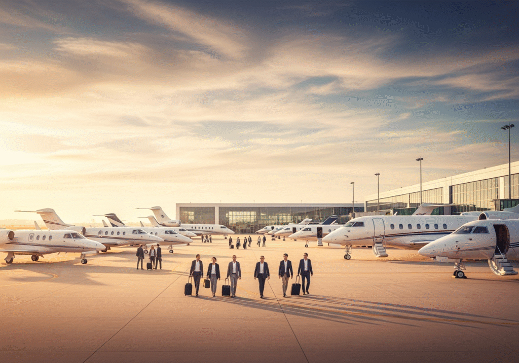A group of professionals in suits walking on a private jet tarmac with multiple jets in the background, symbolizing a high-end business lifestyle and corporate travel.