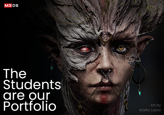 Close-up of a detailed character portrait with mystical features, including glowing eyes and intricate skin textures, with artistic jewelry accents.