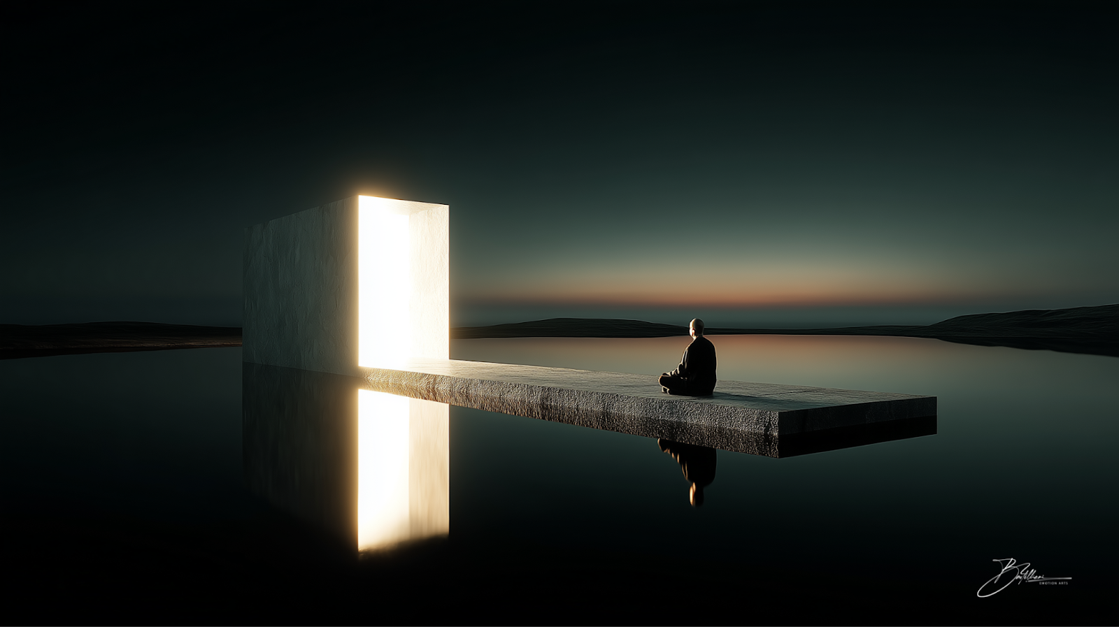 3D rendered image of a meditating figure sitting on a path leading to a glowing cube, symbolizing peace and enlightenment in a serene, surreal landscape.
