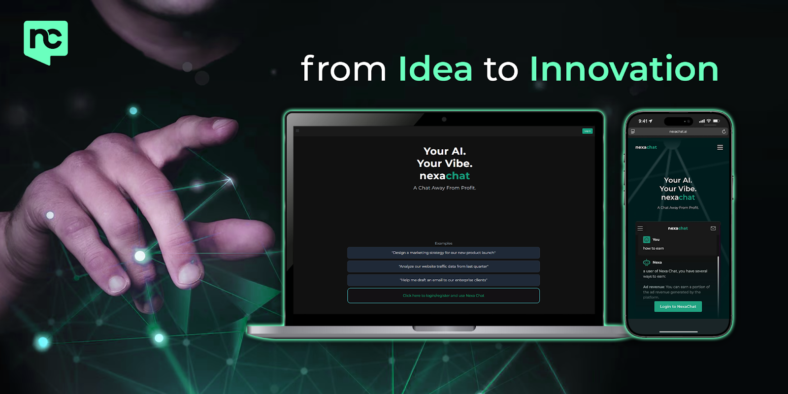 Laptop and smartphone showing the NexaChat interface with the text 'From Idea to Innovation' illustrating how AI-driven tools help users turn ideas into profitable actions.
