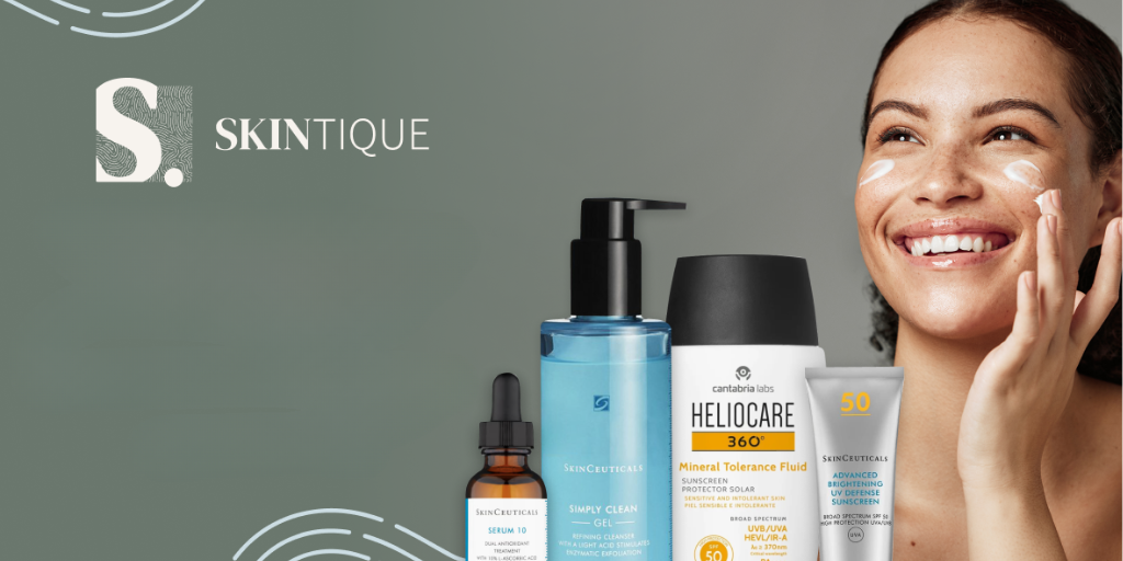 "Skincare products from Skintique, including SkinCeuticals Simply Clean Gel, Heliocare 360° Mineral Tolerance Fluid, and Advanced Brightening UV Defense Sunscreen. Ideal for radiant, protected skin."