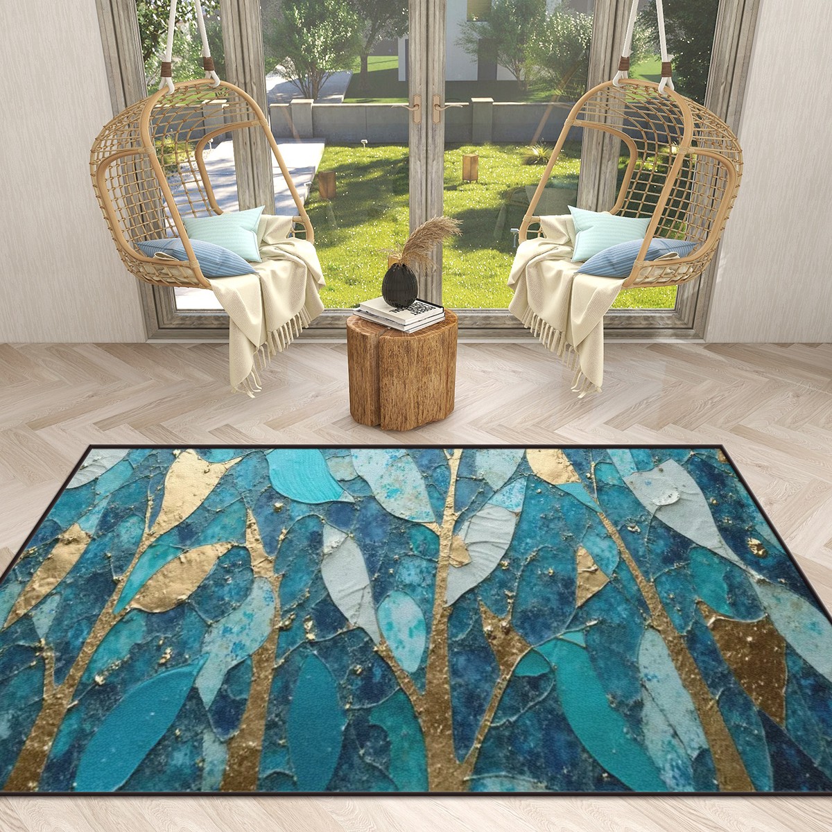Elegant modern interior with a blue and gold leaf-patterned rug placed under two stylish hanging chairs by a large window.