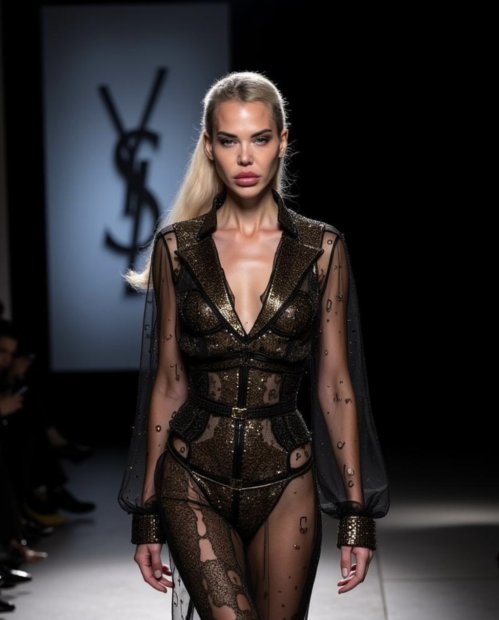 Model walking the runway at a YSL fashion show, showcasing a glamorous and edgy sheer black outfit with sequins and intricate lace details.