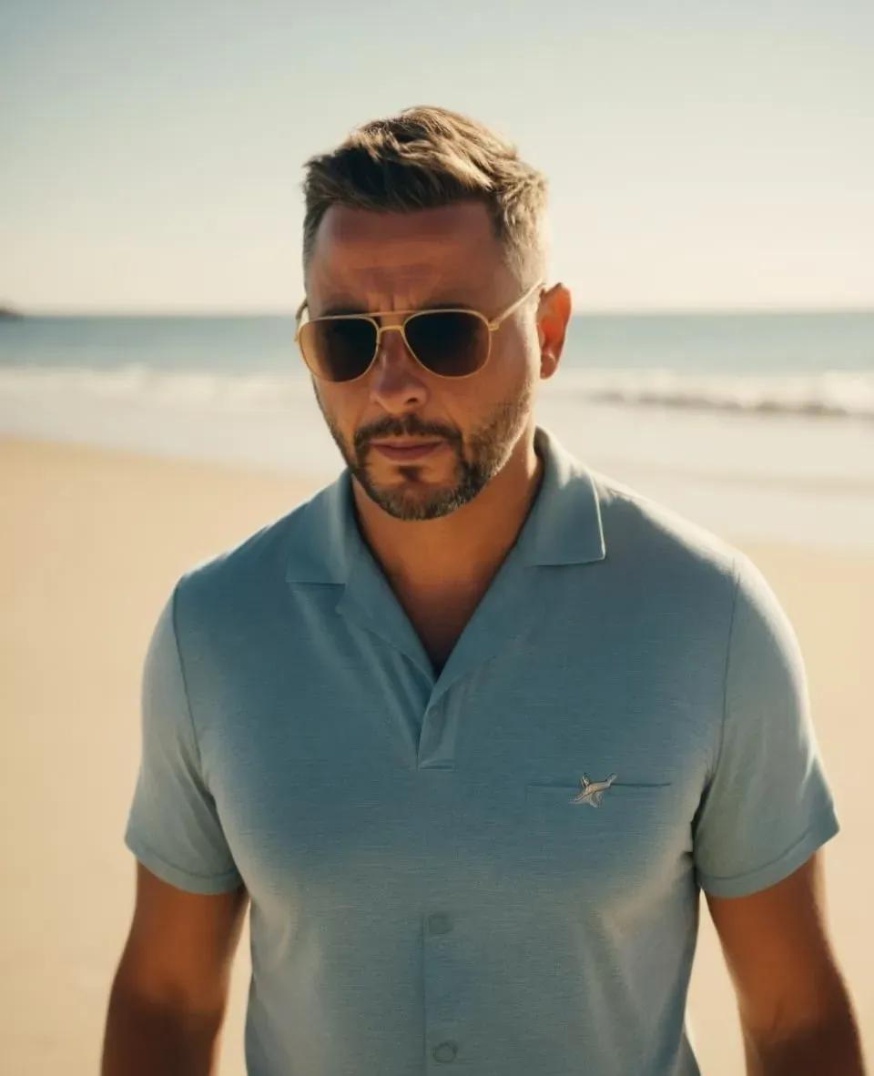 Man in a light blue polo shirt with sunglasses walking along the beach, looking serious under the sun.