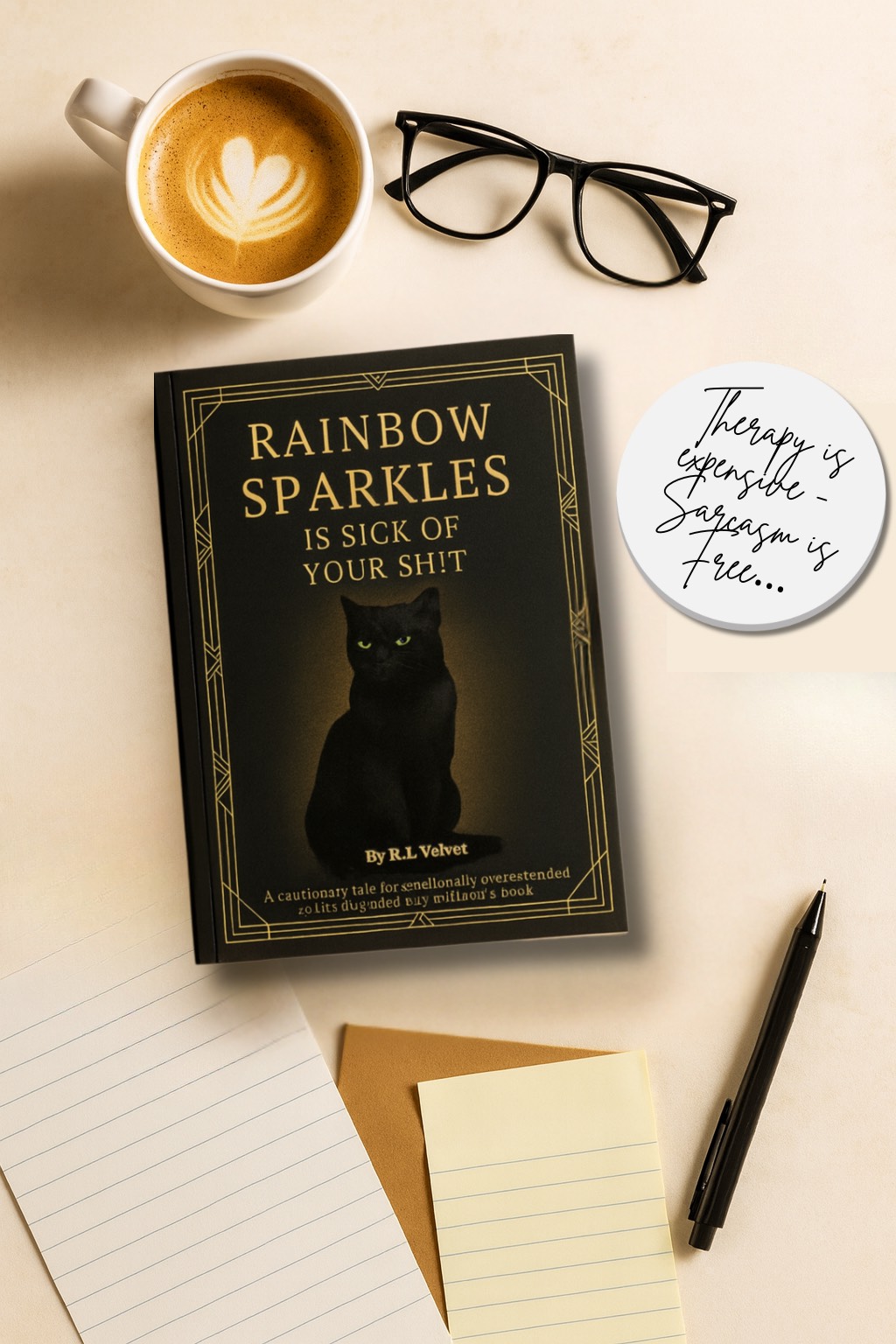 Rainbow Sparkles Is Sick of Your Sh!t book by R.L. Velvet on desk with coffee and glasses, featuring a humorous message about sarcasm as an alternative to therapy.