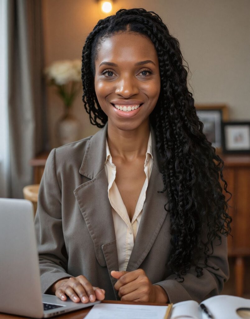 "Smiling woman with long curly hair, wearing a beige blazer, sitting at a desk with a laptop and notebook. The background has soft lighting and a cozy, professional setting."