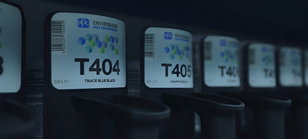 Close-up of labeled PPG Envirobase paint containers, including T404 Trace Blue Black.