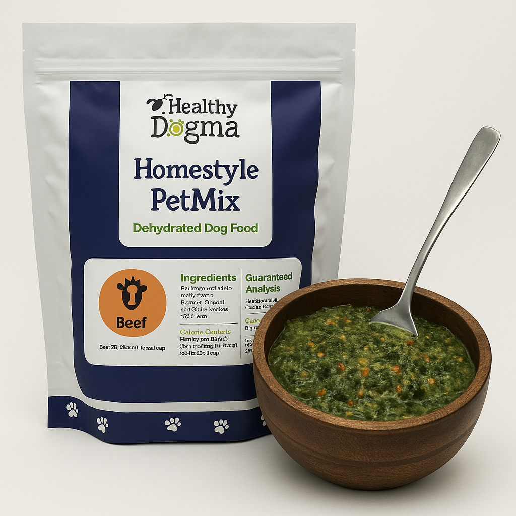 Healthy Dogma Homestyle PetMix beef dehydrated dog food served in a wooden bowl with a spoon