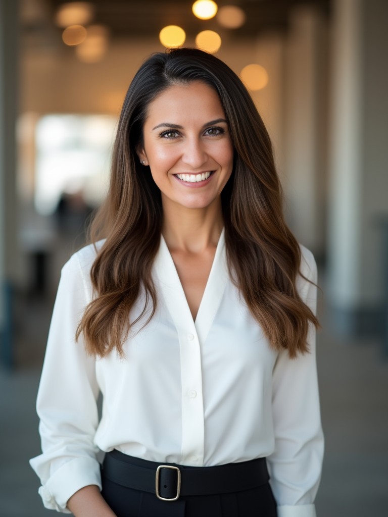 "Portrait of a woman with long brunette hair in a white blouse and black pants, smiling and standing in a modern office environment."
