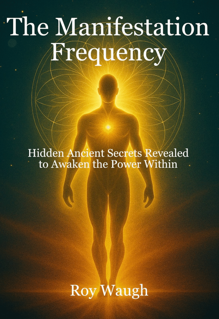 Book cover of 'The Manifestation Frequency' by Roy Waugh, featuring an illustration of a glowing human figure radiating energy, symbolizing the awakening of inner power and ancient secrets."