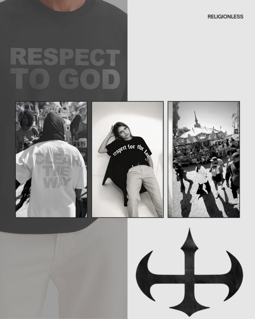 "Black and white promotional image for Religionless apparel featuring models wearing shirts with slogans like 'Respect to God' and 'Respect for the Law,' along with the brand's logo."