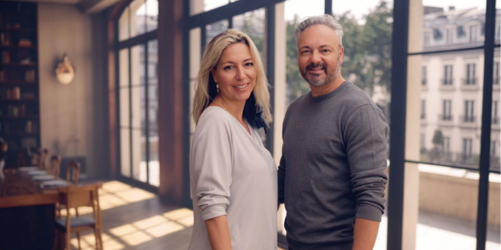 "A couple smiling and standing side by side in a bright, modern space with large windows, the woma