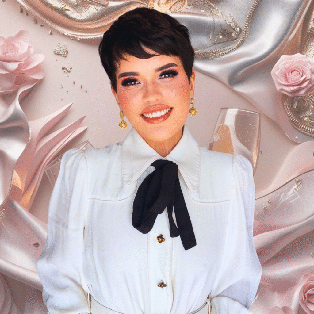 Image of a smiling woman in a white blouse with short hair, sitting against a soft rose-colored background.