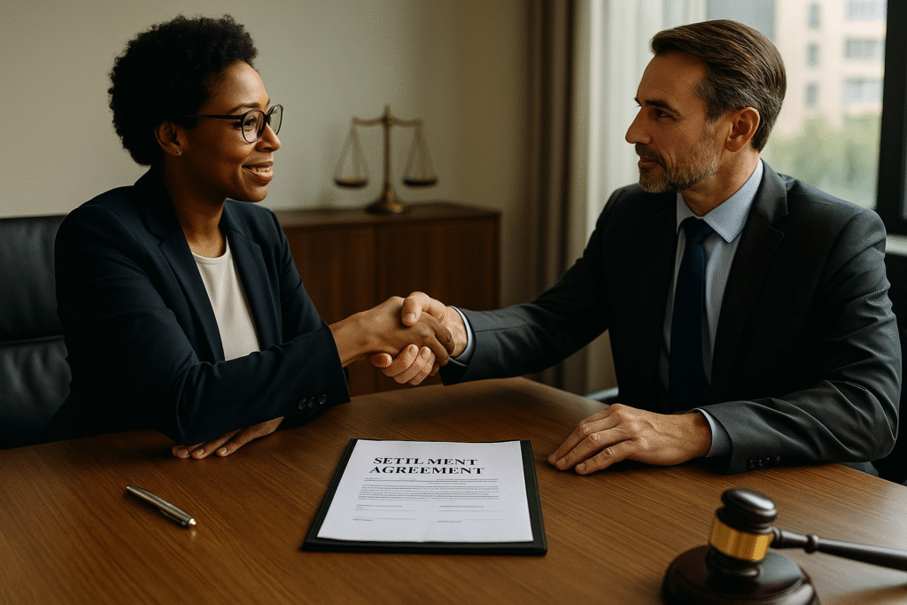 "A businesswoman and businessman shaking hands across a desk, with a 'Settlement Agreement' document in front of them and a gavel in the background, symbolizing legal resolution."
