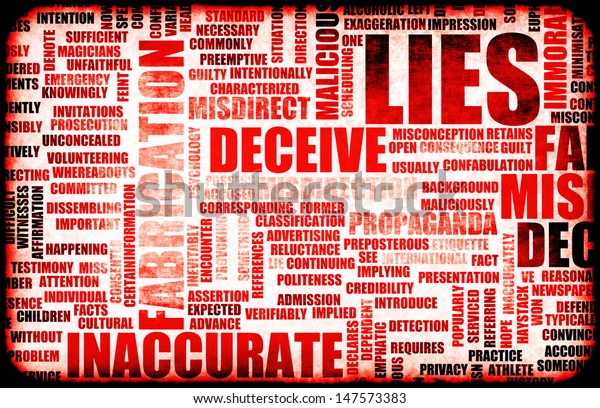 "Red and black word cloud concept featuring terms related to deception and misinformation, including 'lies,' 'deceive,' 'inaccurate,' 'fabrication,' 'propaganda,' and 'misdirect,' symbolizing falsehoods and dishonesty."