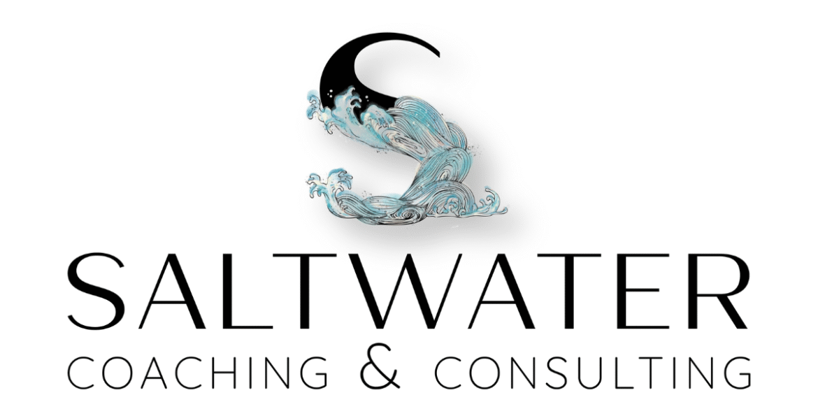 "Logo for Saltwater Coaching & Consulting featuring the word 'SALTWATER' with a stylized wave design forming the letter 'S'."