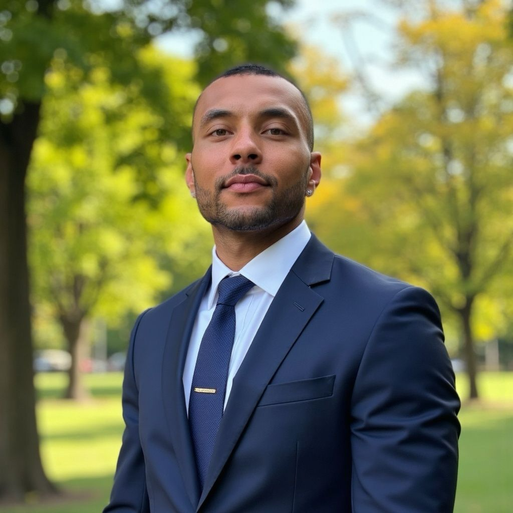 Outdoor photo of a man in a blue suit and tie, standing confidently in front of trees with natural sunlight.