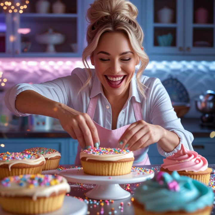 "A woman smiling and decorating cupcakes with colorful sprinkles in a cozy kitchen, wearing a pink apron and surrounded by baked goods."