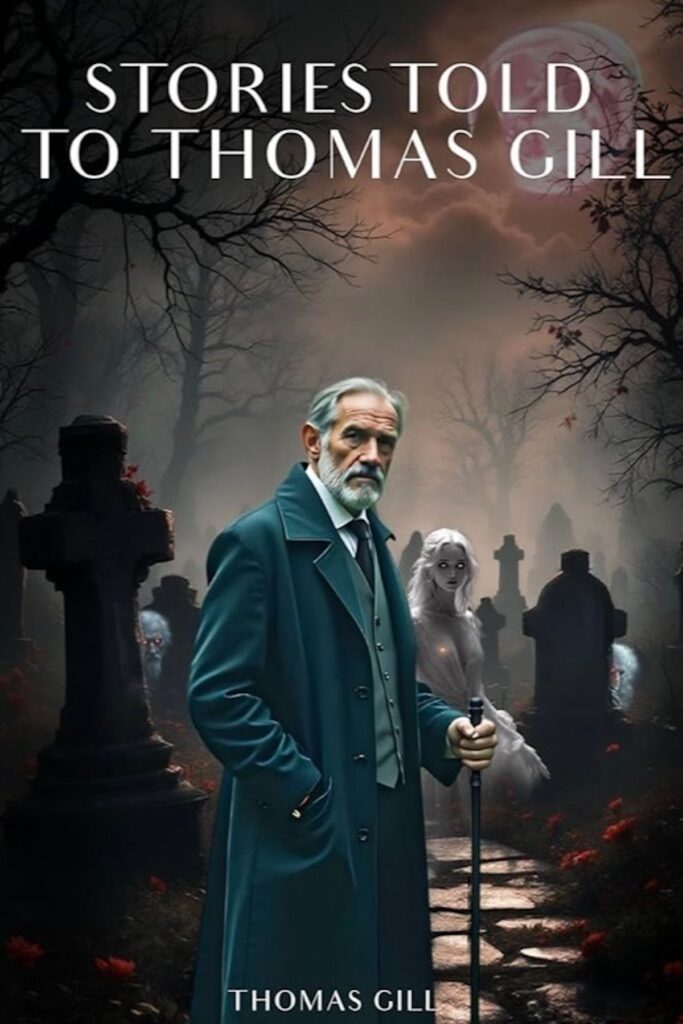 Thomas Gill, medium and author, sitting in a dimly lit setting, transcribing ghostly tales in his journal. His work centers on capturing the stories of spirits, offering a unique and emotional perspective on the human condition and the afterlife.