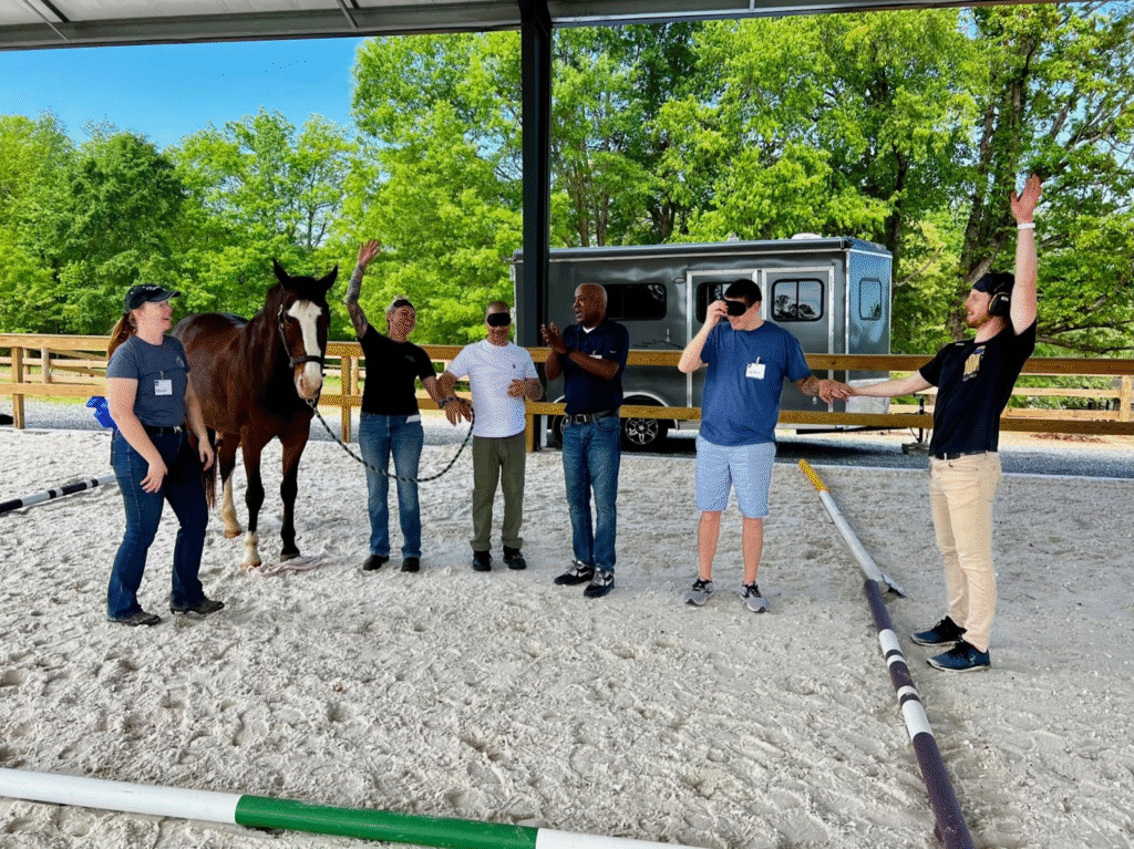 Tracey Evans, founder of Dreamwinds, guiding a corporate team through an equine-assisted leadership session, emphasizing communication, collaboration, and authentic leadership development.