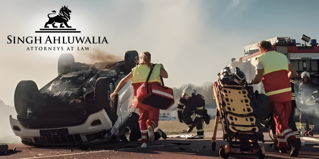 Emergency responders assist at a car accident scene, with Singh Ahluwalia Attorneys at Law logo, offering legal support