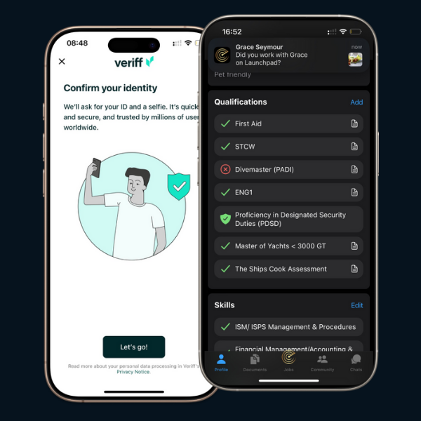 Crewdar platform interface displaying AI-powered yacht crew verification and matching features on laptop and mobile screens.