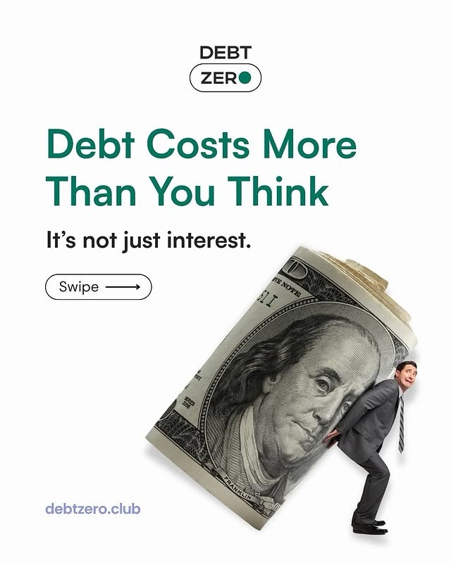 Debtzero promotional graphic highlighting debt burden and financial freedom with tagline “Debt Costs More Than You Think.”