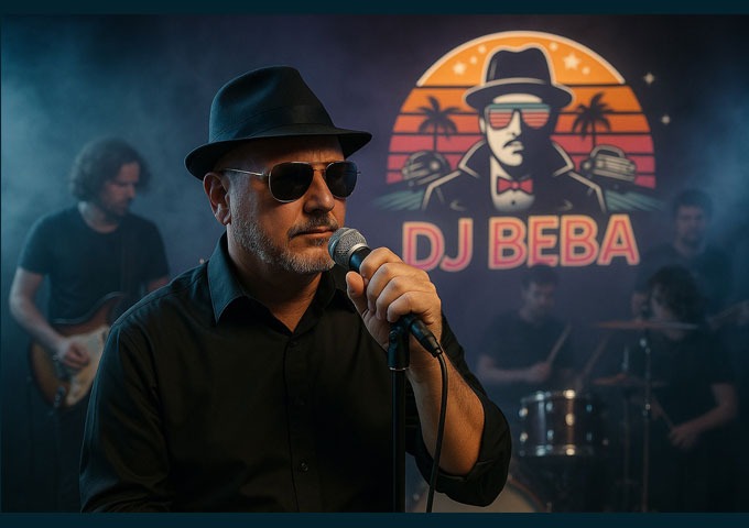 DJ Beba performing with band on stage, logo displayed behind him.