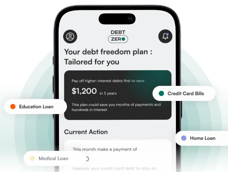 Debtzero mobile app interface showing personalized AI debt repayment plan for loans and credit cards.