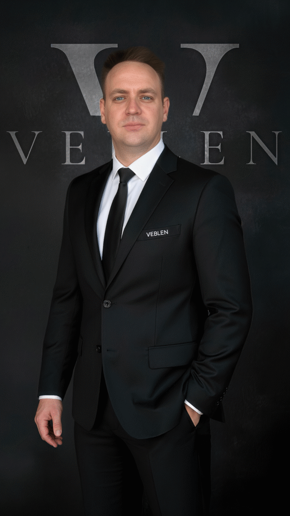 Man in black suit with Veblen nametag, standing confidently before Veblen logo backdrop, representing innovation and strategy.