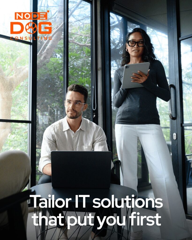 Team collaborating with laptop and tablet under Node Dog Consulting logo promoting tailored IT solutions.