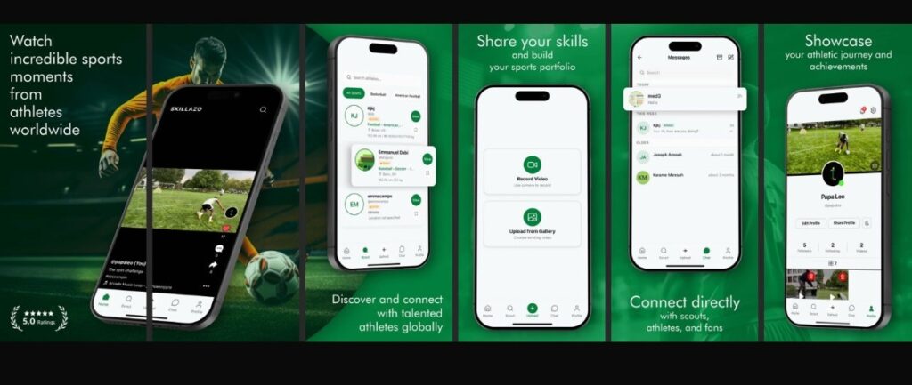 App Screenshots: Screenshots of the Skillazo app, showcasing athlete profiles, skill videos, and team management features.