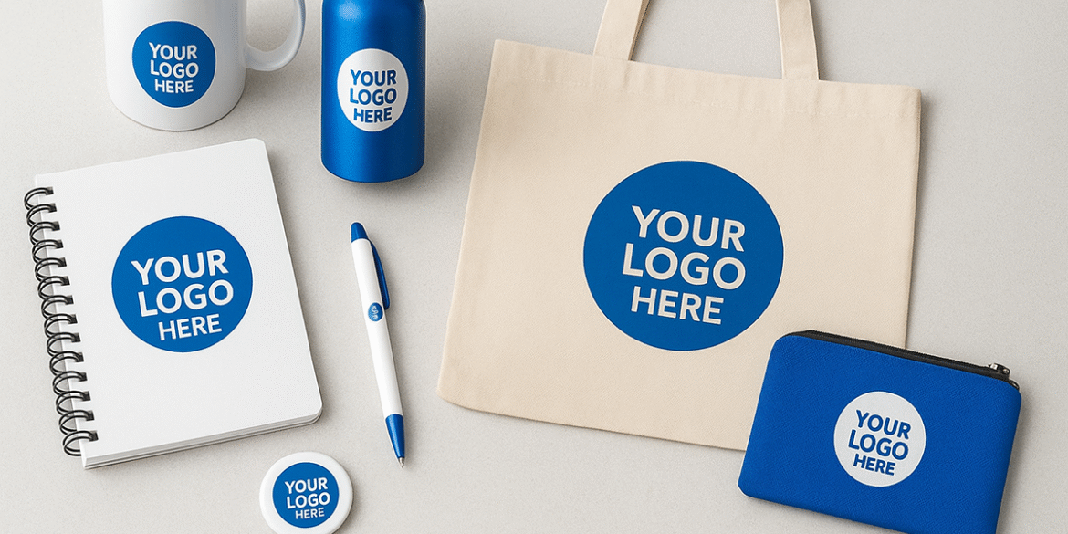 "Custom-branded conference merchandise including a notebook, pen, water bottle, tote bag, and pouch with a logo placeholder."