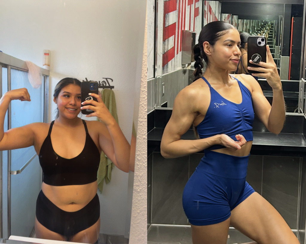 Paulina Suarez’s fitness progress photos showing her transformation through M2 ProDesign training and mindset work.