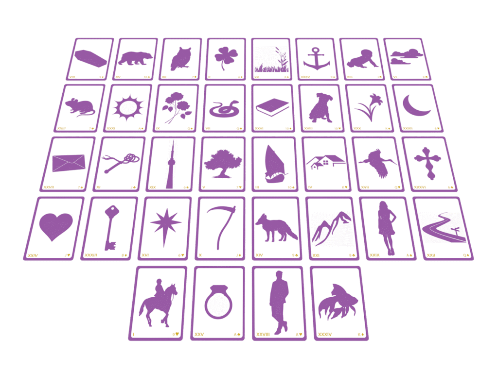 A full layout of Lenormand cards, showcasing different symbols for intuitive and direct spiritual insights.