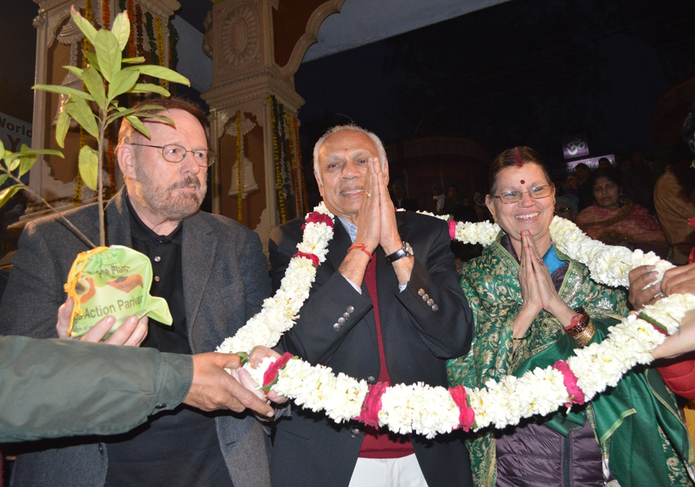 Subi Subramanian at a spiritual event in Rishikesh, India, promoting eco-spirituality.