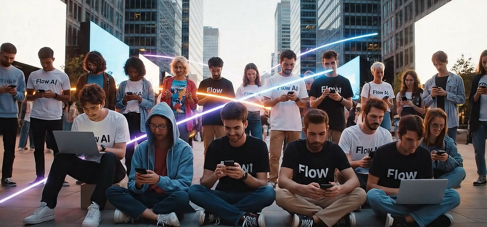 A diverse group of people using mobile devices, illustrating the ease of Flow AI's voice-powered outreach.

