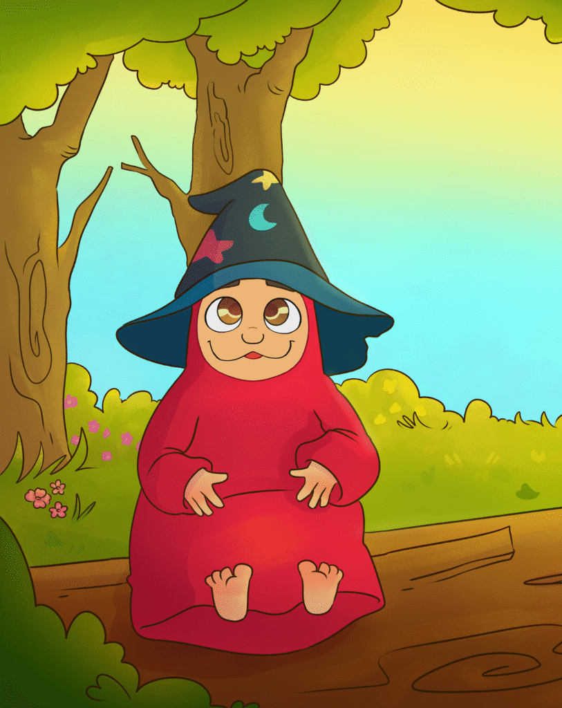 NENU, the gentle wizard, sitting under a tree in the serene world of Treetopia, ready to guide children.