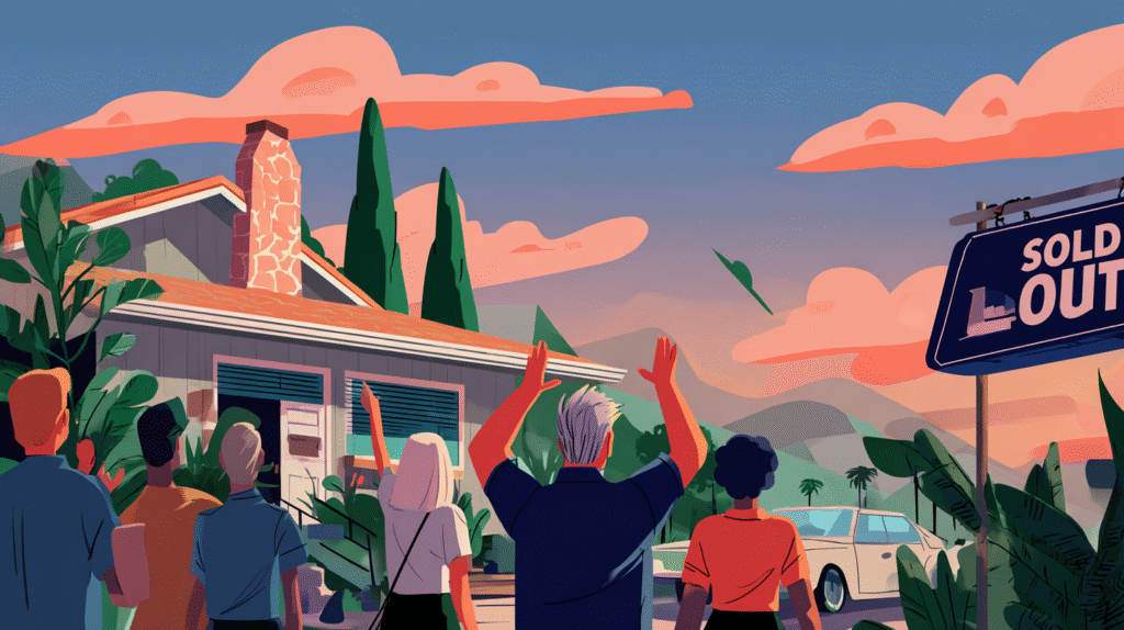 A group of people celebrating the sale of a home, symbolizing successful transactions in real estate.