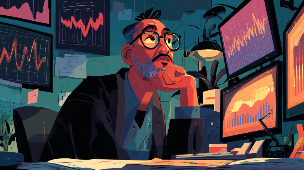 A professional analyzing market trends on multiple screens, reflecting investor insights.