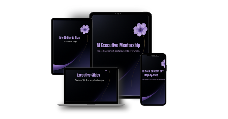 Devices displaying Sheera Eby’s AI Executive Mentorship program, showcasing resources and personalized AI learning.