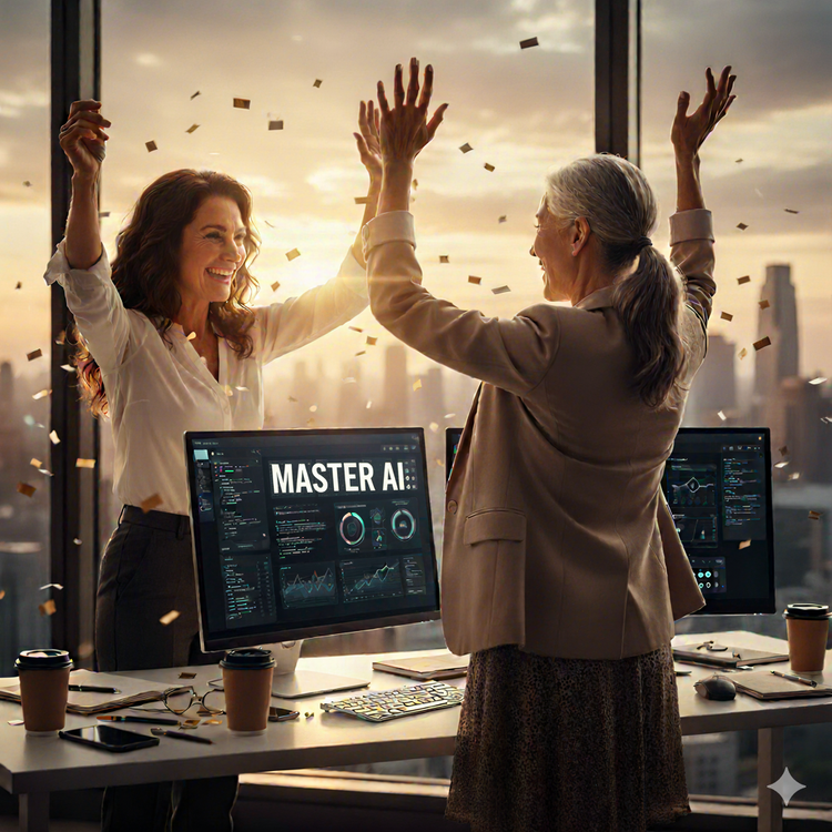 Two women celebrating AI success with confetti, highlighting empowerment and technological achievement.