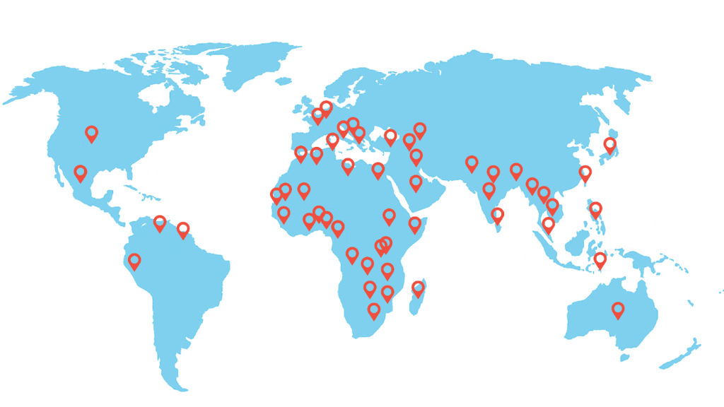 World map highlighting GRIT's global reach with chapters in over 50 countries.