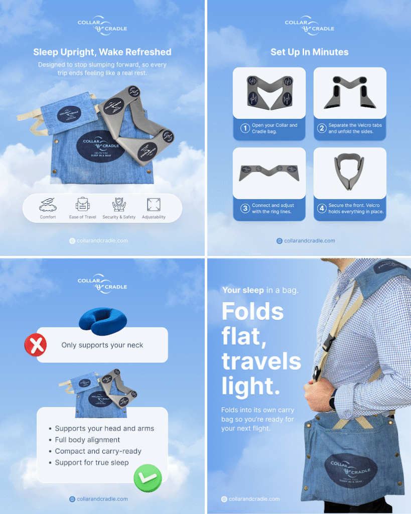 Collar & Cradle system provides full body alignment and folds for easy portability and travel.