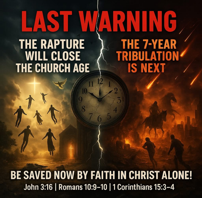 A graphic warning of the rapture and tribulation, urging salvation through faith in Christ before the end time.