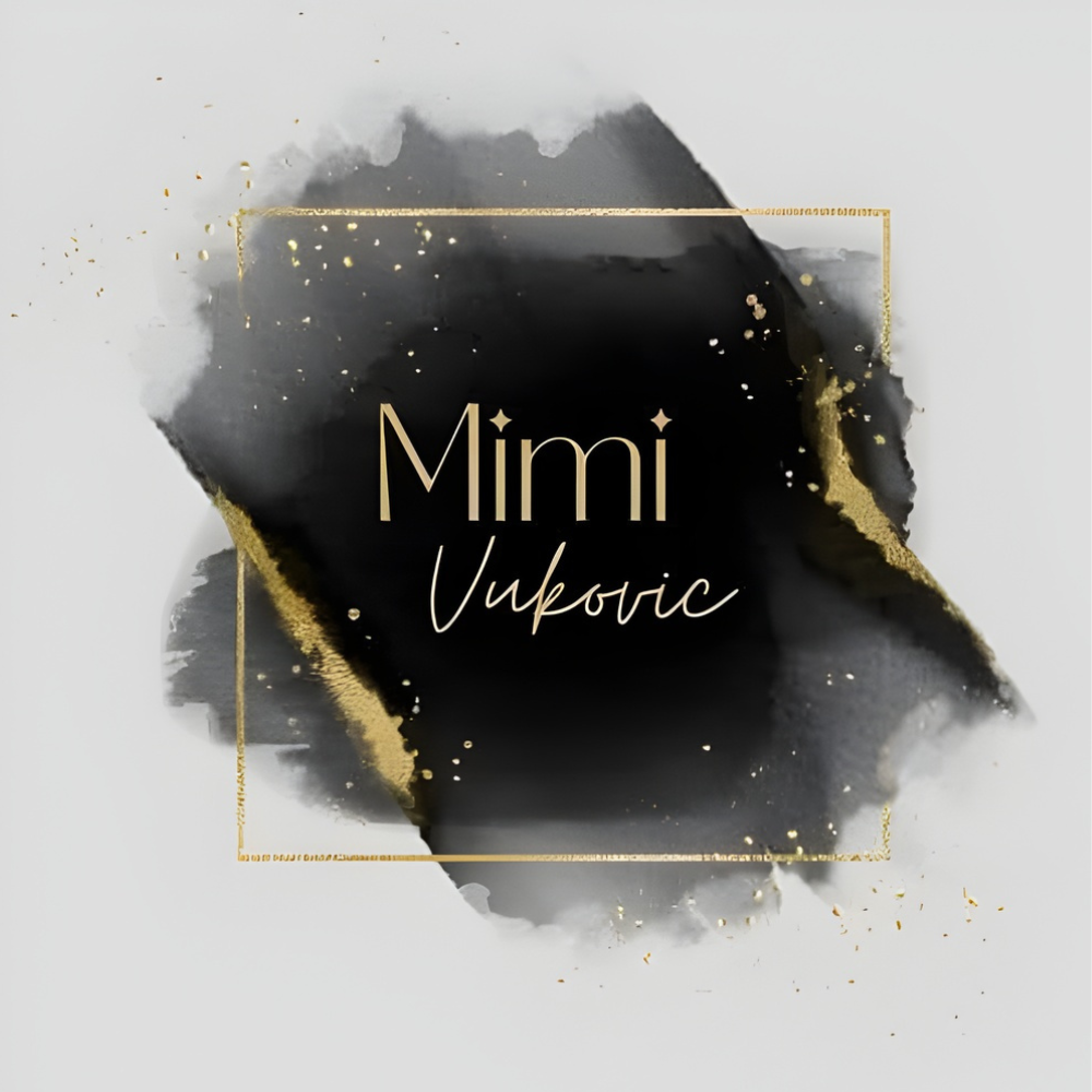 Mimi Vukovic’s elegant logo, featuring her name with a stylish gold and black design.