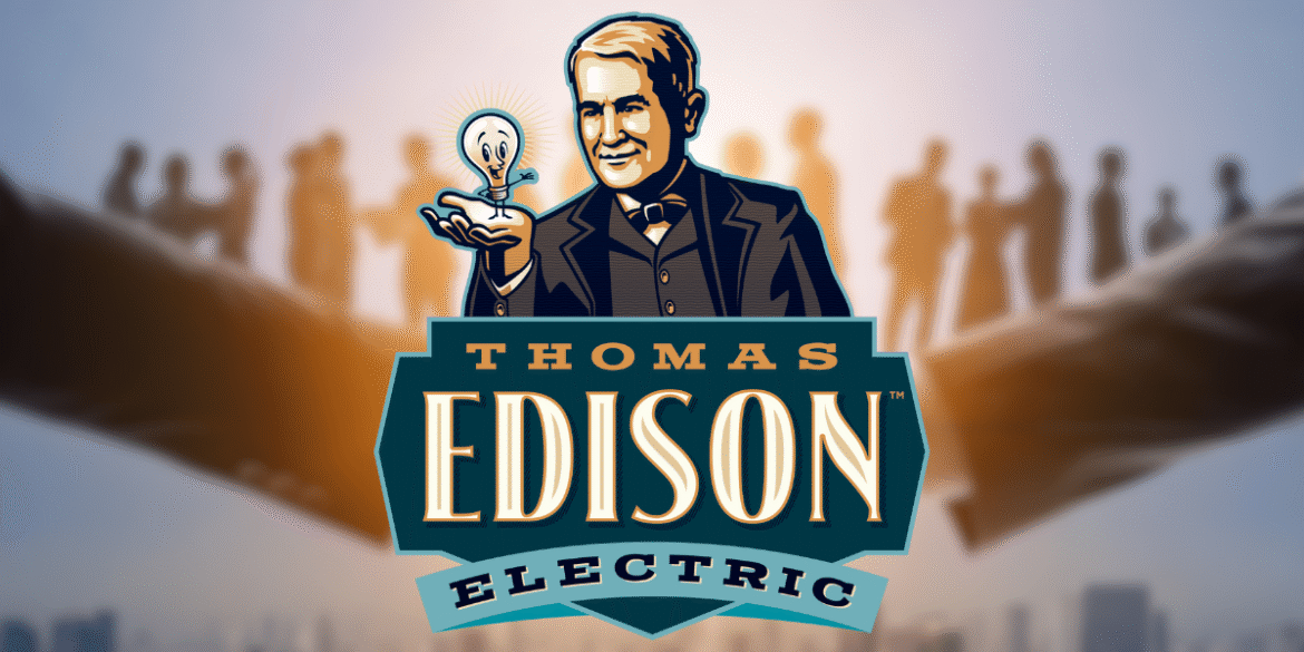 Thomas Edison Electric logo featuring a vintage illustration of Thomas Edison holding a lightbulb, symbolizing the company’s commitment to reliable electrical services.